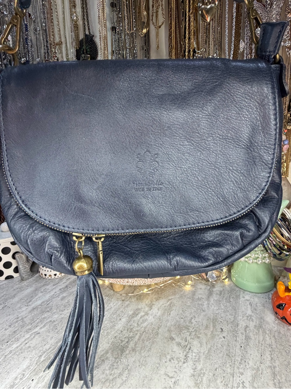 Vintage Vera Pelle Leather Purse Navy Blue Soft Tassel Crossbody Shoulder Bag